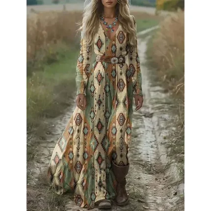 Women's Maxi Dress A Line Dress Pleated Dress Fit And Flare Dress Vacation Casual Boho Date Going out Regular Fit Floral Graphic Geometric Long Sleeve V Neck Light Green Blue Gray Spring Fall Winter - Image 3