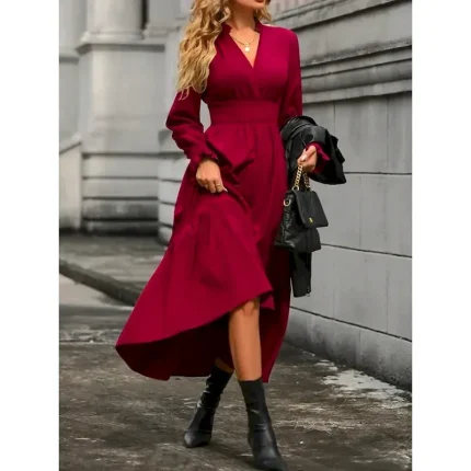 Women's Casual Dress Midi Dress Ruffle Casual V Neck Long Sleeve Black Wine Khaki Color - Image 5
