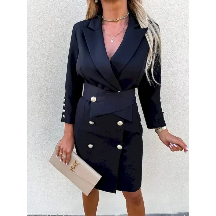 Women's Work Dress Blazer Dress Sheath Dress Fashion Office Daily Mini Dress Double Breasted Shirt Collar Long Sleeve Plain Loose Fit Black White Green Fall Winter S M L XL - Image 3