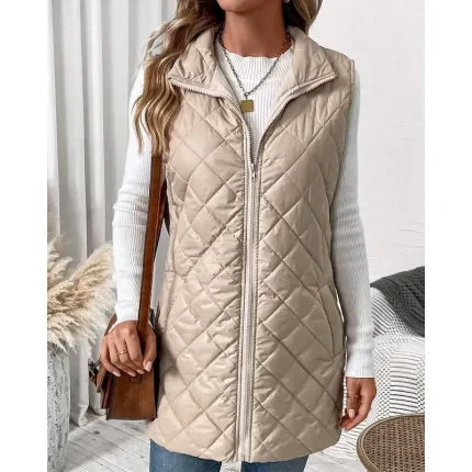 Women's Vest Warm Comfortable Zipper Pocket Outdoor Casual Plain Holiday Weekend Zipper Long Stand Collar Regular Fit Sleeveless Outerwear Black Apricot Winter - Image 5