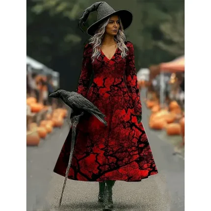 Halloween Women's Midi Dress A Line Dress Vacation Casual Boho Beach Regular Fit Graphic Abstract Long Sleeve V Neck White Dark Red Wine Brown Spring Fall Winter - Image 3