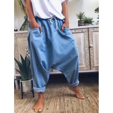 Women's Fashion Streetwear Chinos Harem Pants Side Pockets Baggy Elastic Drawstring Design Full Length Pants Casual Weekend Micro-elastic Plain Linen / Cotton Blend Comfort Mid Waist Loose Blue Gray - Image 5