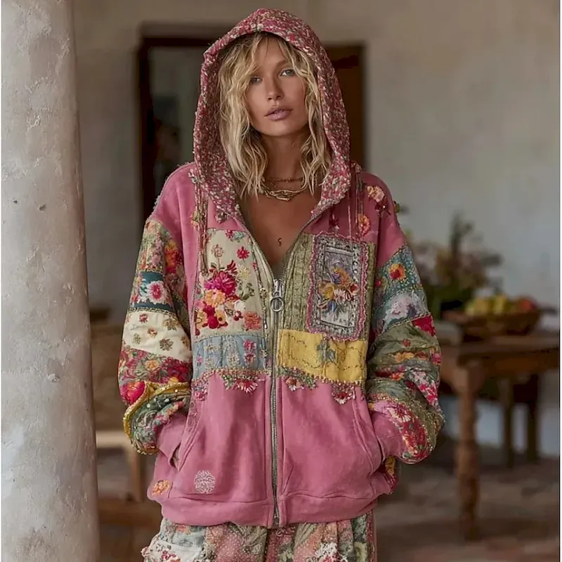 cscgrf1756687089844.webp Women's 3D Print Vintage Boho Hoodie Patchwork Hoodie Sweatshirt Floral Zip Up s Floral Punk Active Vintage Long Sleeve Hooded Regular Tops Home Dailywear Casual Pink Red Beige Fall Winter - Image 1
