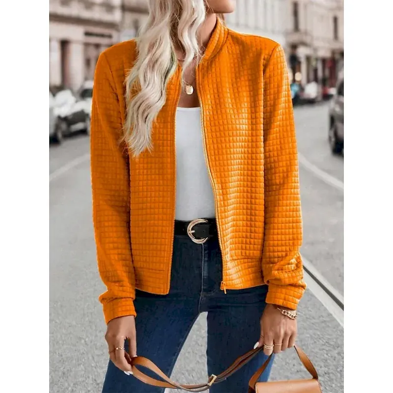 cwyhuc1751364505428.webp Women's Bomber Jacket Casual Jacket Comfortable Breathable Zipper Casual Plain Vacation Street Casual Daily Wear Zipper Short Stand Collar Regular Fit Long Sleeve Outerwear Black Orange Army Green - Image 1