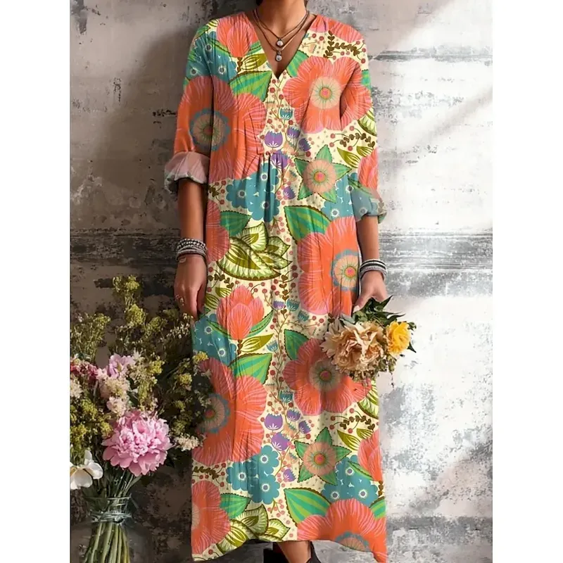 ddetsu1757498714100.webp Easter Women's Midi Dress Sundress A Line Dress Vacation Casual Boho Going out Beach Loose Fit Floral Graphic Geometric Long Sleeve V Neck Yellow Pink Orange Green Summer Spring Fall Winter - Image 1