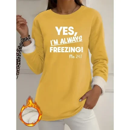 Women's  Fleece Lined Pullover Sweatshirt Pajamas Yes Im Cold  Letter Warm Casual Fuzzy Long Sleeve Crew Neck Round Neck Long Tops Street Casual Light Pink Black Dark Pink Blue Spring Fall Winter - Image 4