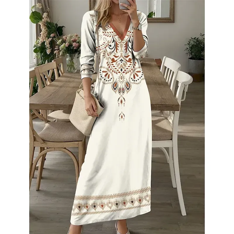 efopjv1701149157877.webp Women's Maxi Dress Casual Dress T Shirt Dress Tee Dress Floral Tribal Pocket Print V Neck Long Dress Maxi Dress Vintage Ethnic Date Vacation Long Sleeve Fall Winter - Image 1