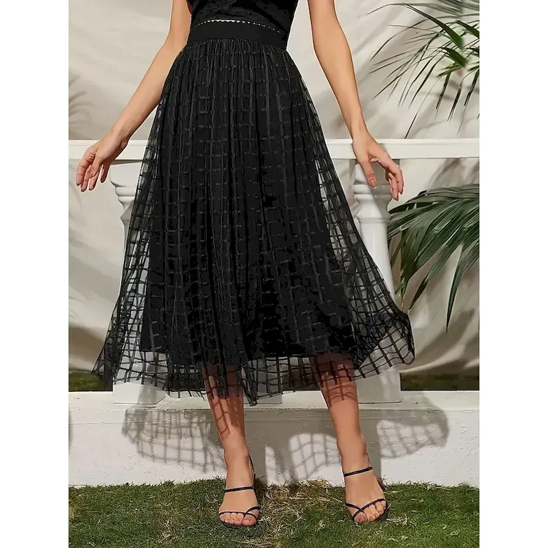 ekhkzs1757672936736.webp Women's Skirt A Line Fashion Casual Midi High Waist Skirts Plain Pocket Layered Tulle Micro-elastic Street Daily Black Spring Polyester - Image 1