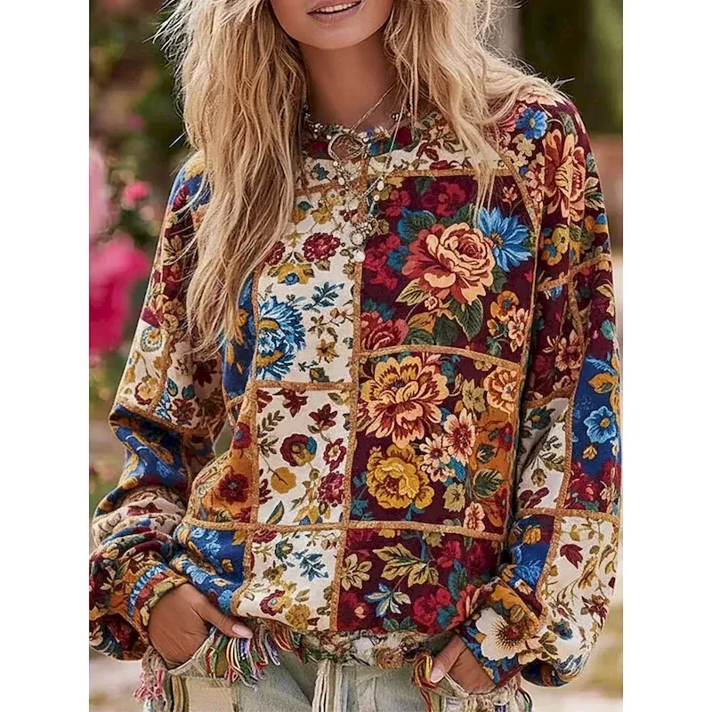 ffccgm1758532161707.webp Women's Pullover Sweatshirts Floral Vintage Streetwear Classic Long Sleeve Crew Neck Regular Tops Dailywear Casual Print Wine Spring Fall - Image 1