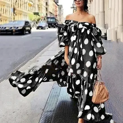 Women's Casual Dress Swing Dress Long Dress Maxi Dress Black Red Brown Sleeveless Polka Dot Print Fall Autumn Off Shoulder Loose Fit 2023 S M L XL XXL XXXL 4XL 5XL - Image 3