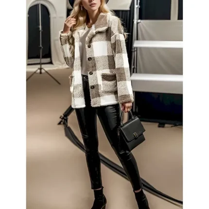 Women's Fleece Jacket Sherpa Jacket Casual Jacket Comfortable Breathable Pocket Buttons Print Casual Plaid Vacation Street Casual Daily Wear Single Breasted Long Turndown Regular Fit Long Sleeve - Image 3