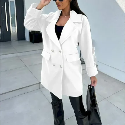 Women's Coat Warm Comfortable Buttons Elegant Solid Color Daily Wear Double Breasted V Neck Regular Fit Long Sleeve Outerwear Black White Green Winter - Image 4