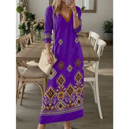 Women's Maxi Dress Casual Dress T Shirt Dress Tee Dress Floral Tribal Pocket Print V Neck Long Dress Maxi Dress Vintage Ethnic Date Vacation Long Sleeve Fall Winter - Image 5