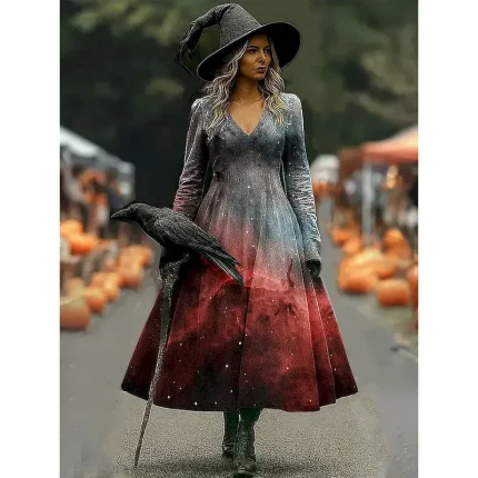 Halloween Women's Midi Dress A Line Dress Vacation Casual Boho Beach Regular Fit Graphic Abstract Long Sleeve V Neck White Dark Red Wine Brown Spring Fall Winter - Image 4