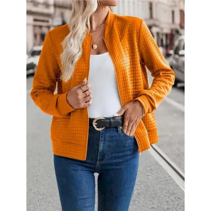 Women's Bomber Jacket Casual Jacket Comfortable Breathable Zipper Casual Plain Vacation Street Casual Daily Wear Zipper Short Stand Collar Regular Fit Long Sleeve Outerwear Black Orange Army Green - Image 3