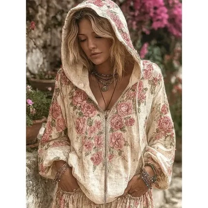 Women's 3D Print Vintage Boho Hoodie Patchwork Hoodie Sweatshirt Floral Zip Up s Floral Punk Active Vintage Long Sleeve Hooded Regular Tops Home Dailywear Casual Pink Red Beige Fall Winter - Image 3