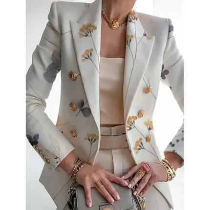 Women's Blazer Comfortable Breathable Pocket Print Casual Floral Office Street Casual Daily Wear Double Breasted Regular Turndown Regular Fit Long Sleeve Outerwear White Red Blue Summer Spring - Image 3