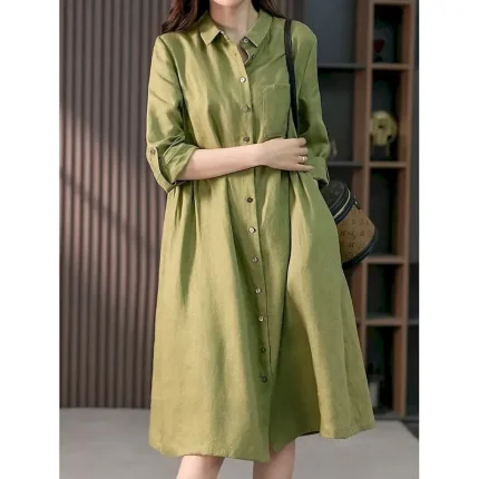 Women's Midi Dress Casual Dress Cotton Linen Dress A Line Dress Basic Casual Vacation Daily Regular Fit Plain 3/4 Length Sleeve Shirt Collar Pink Green Summer Spring Fall - Image 5
