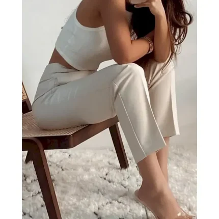 Women's Chinos Streetwear Casual Full Length Medium Waist Plain Pocket Elastic Waist Comfortable Inelastic Outdoor Vacation Daily rice white Camel Sapphire Blue White Fall Winter Slim Fit - Image 3