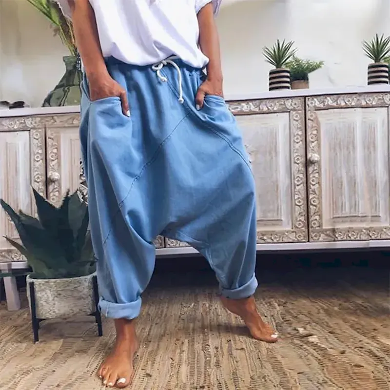 lblweg1666933941144.webp Women's Fashion Streetwear Chinos Harem Pants Side Pockets Baggy Elastic Drawstring Design Full Length Pants Casual Weekend Micro-elastic Plain Linen / Cotton Blend Comfort Mid Waist Loose Blue Gray - Image 1