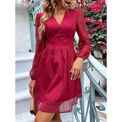 Women's Plaid V Neck Mini Dress Long Sleeve Summer Spring - Image 4