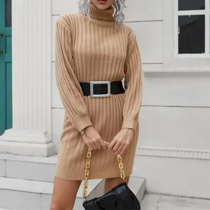 Women's Mini Dress Sweater Dress Knit Dress Casual Dress Fashion Outdoor Party Holiday Regular Fit Plain Short Sleeve Turtleneck Green Khaki Fall - Image 5