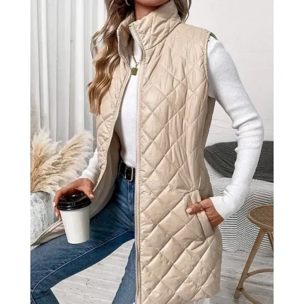 Women's Vest Warm Comfortable Zipper Pocket Outdoor Casual Plain Holiday Weekend Zipper Long Stand Collar Regular Fit Sleeveless Outerwear Black Apricot Winter - Image 4