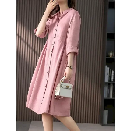 Women's Midi Dress Casual Dress Cotton Linen Dress A Line Dress Basic Casual Vacation Daily Regular Fit Plain 3/4 Length Sleeve Shirt Collar Pink Green Summer Spring Fall - Image 4
