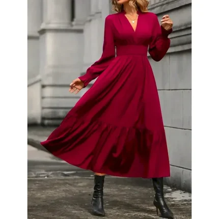 Women's Casual Dress Midi Dress Ruffle Casual V Neck Long Sleeve Black Wine Khaki Color - Image 4