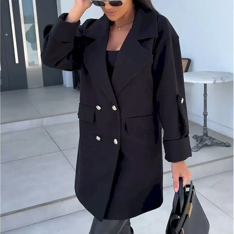 mosjoz1728981434767.webp Women's Coat Warm Comfortable Buttons Elegant Solid Color Daily Wear Double Breasted V Neck Regular Fit Long Sleeve Outerwear Black White Green Winter - Image 1