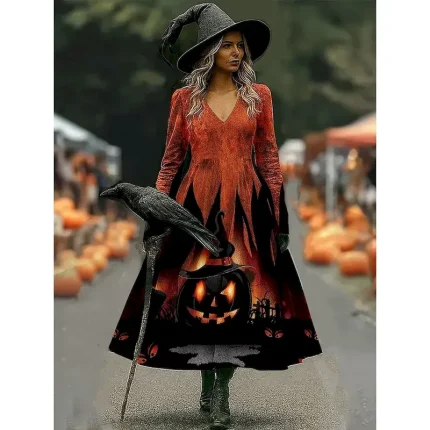 Halloween Women's Midi Dress A Line Dress Vacation Casual Boho Beach Regular Fit Graphic Abstract Long Sleeve V Neck White Dark Red Wine Brown Spring Fall Winter - Image 5