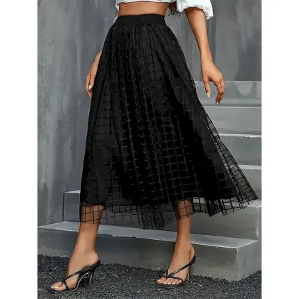 Women's Skirt A Line Fashion Casual Midi High Waist Skirts Plain Pocket Layered Tulle Micro-elastic Street Daily Black Spring Polyester - Image 4