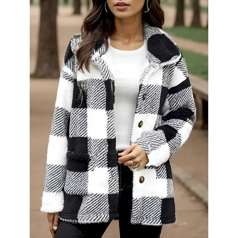 ocuuts1758071949831.webp Women's Fleece Jacket Sherpa Jacket Casual Jacket Comfortable Breathable Pocket Buttons Print Casual Plaid Vacation Street Casual Daily Wear Single Breasted Long Turndown Regular Fit Long Sleeve - Image 1