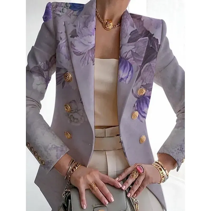 ogksvo1753755217253.webp Women's Blazer Comfortable Breathable Pocket Print Casual Floral Office Street Casual Daily Wear Double Breasted Regular Turndown Regular Fit Long Sleeve Outerwear White Red Blue Summer Spring - Image 1