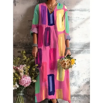 Easter Women's Midi Dress Sundress A Line Dress Vacation Casual Boho Going out Beach Loose Fit Floral Graphic Geometric Long Sleeve V Neck Yellow Pink Orange Green Summer Spring Fall Winter - Image 4