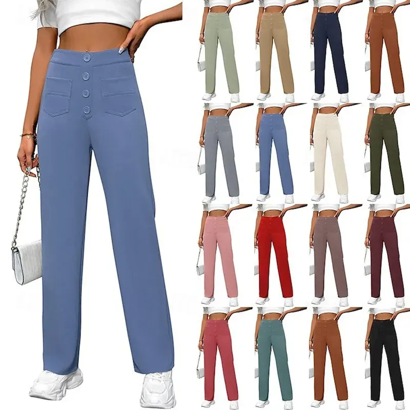 opyhwx1751968624946.webp Women's Slacks Straight Streetwear Casual Full Length Natural Plain Pocket Elastic Waist Buckle Comfy Street Holiday Weekend Magenta Dark red Camel Depression Green Fall Regular Fit - Image 1