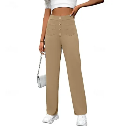 Women's Slacks Straight Streetwear Casual Full Length Natural Plain Pocket Elastic Waist Buckle Comfy Street Holiday Weekend Magenta Dark red Camel Depression Green Fall Regular Fit - Image 6