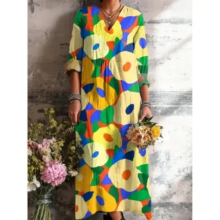 Easter Women's Midi Dress Sundress A Line Dress Vacation Casual Boho Going out Beach Loose Fit Floral Graphic Geometric Long Sleeve V Neck Yellow Pink Orange Green Summer Spring Fall Winter - Image 3