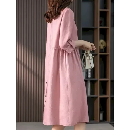 Women's Midi Dress Casual Dress Cotton Linen Dress A Line Dress Basic Casual Vacation Daily Regular Fit Plain 3/4 Length Sleeve Shirt Collar Pink Green Summer Spring Fall - Image 3