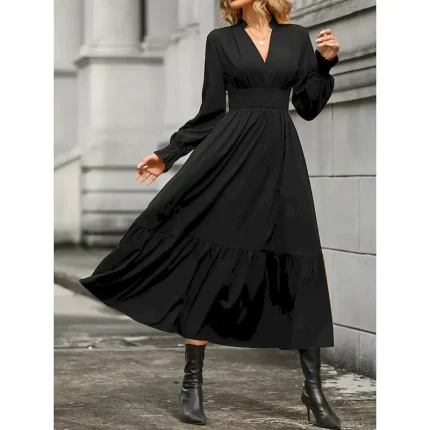 Women's Casual Dress Midi Dress Ruffle Casual V Neck Long Sleeve Black Wine Khaki Color - Image 6