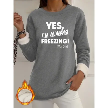 Women's  Fleece Lined Pullover Sweatshirt Pajamas Yes Im Cold  Letter Warm Casual Fuzzy Long Sleeve Crew Neck Round Neck Long Tops Street Casual Light Pink Black Dark Pink Blue Spring Fall Winter - Image 3