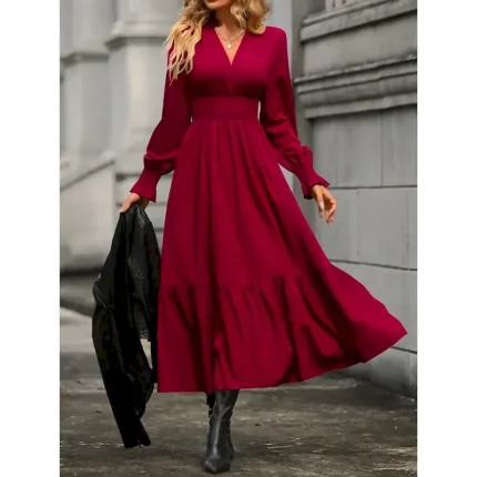 Women's Casual Dress Midi Dress Ruffle Casual V Neck Long Sleeve Black Wine Khaki Color - Image 3