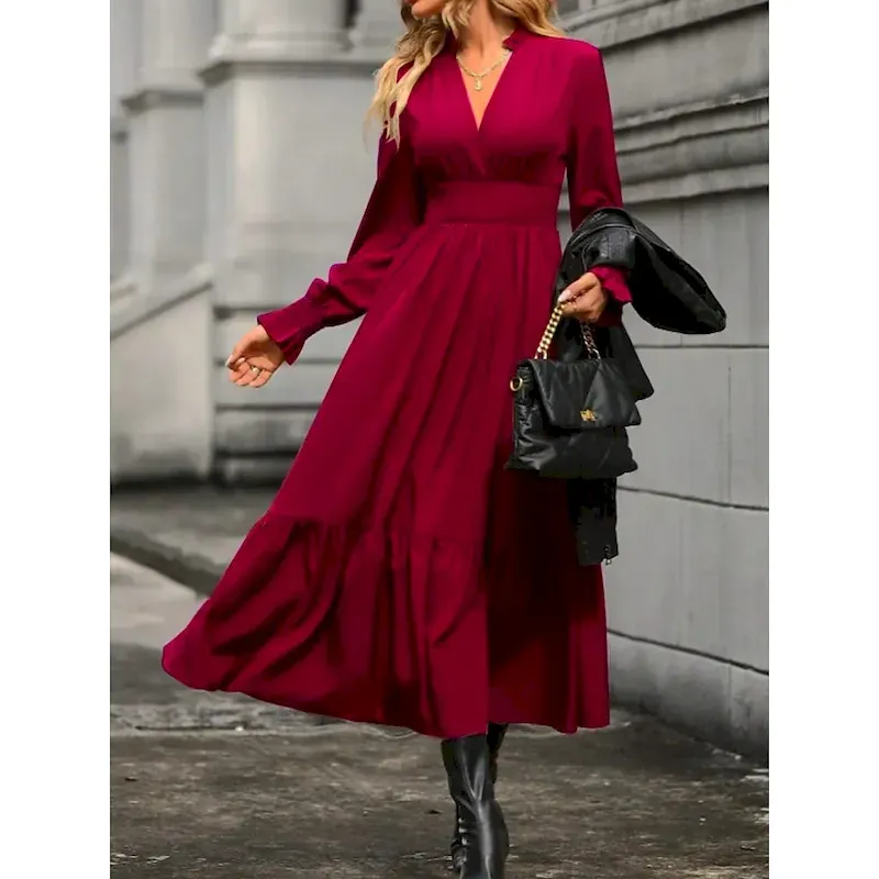 svynqq1733306632157.webp Women's Casual Dress Midi Dress Ruffle Casual V Neck Long Sleeve Black Wine Khaki Color - Image 1