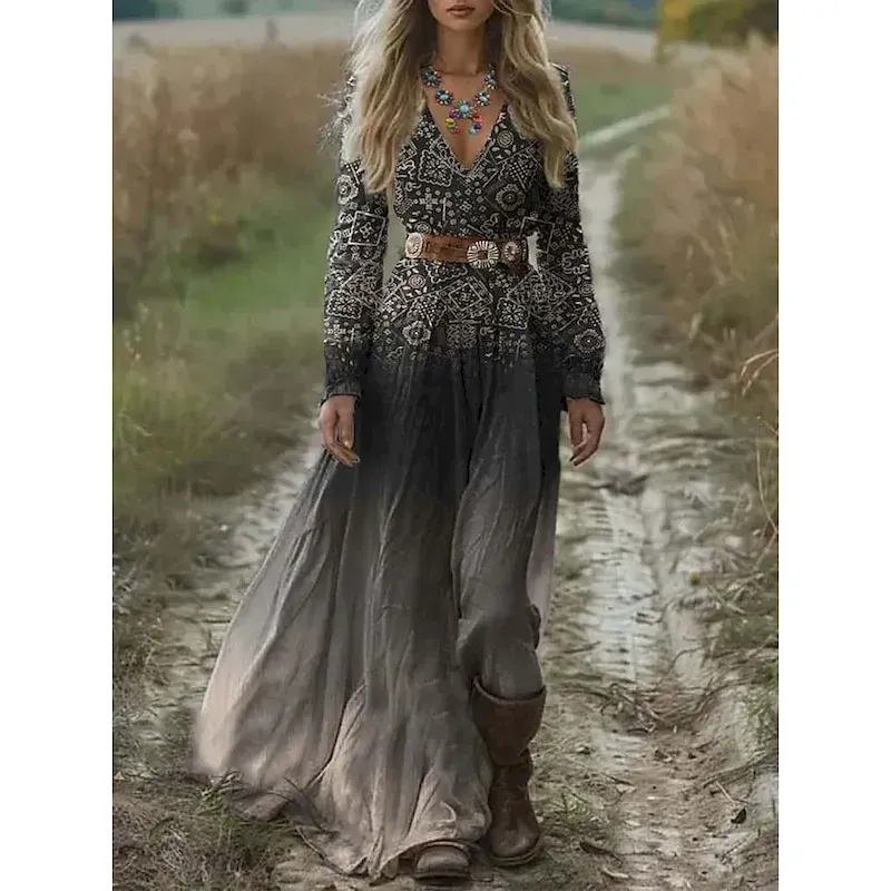 tsywir1759228450499.webp Women's Maxi Dress A Line Dress Pleated Dress Fit And Flare Dress Vacation Casual Boho Date Going out Regular Fit Floral Graphic Geometric Long Sleeve V Neck Light Green Blue Gray Spring Fall Winter - Image 1