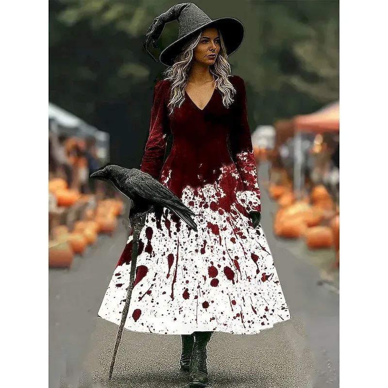 udhbmd1757985482898.webp Halloween Women's Midi Dress A Line Dress Vacation Casual Boho Beach Regular Fit Graphic Abstract Long Sleeve V Neck White Dark Red Wine Brown Spring Fall Winter - Image 1