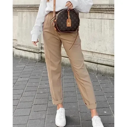 Women's Chinos Streetwear Casual Full Length Medium Waist Plain Pocket Elastic Waist Comfortable Inelastic Outdoor Vacation Daily rice white Camel Sapphire Blue White Fall Winter Slim Fit - Image 6