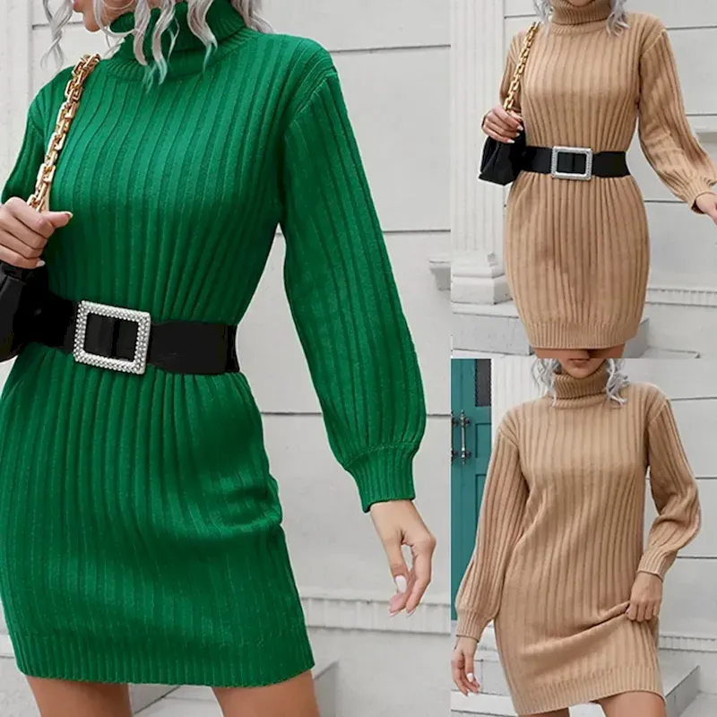 vpzkof1750837015631.webp Women's Mini Dress Sweater Dress Knit Dress Casual Dress Fashion Outdoor Party Holiday Regular Fit Plain Short Sleeve Turtleneck Green Khaki Fall - Image 1