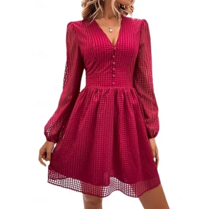 Women's Plaid V Neck Mini Dress Long Sleeve Summer Spring - Image 3