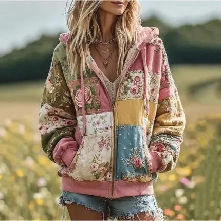 Women's 3D Print Vintage Boho Hoodie Patchwork Hoodie Sweatshirt Floral Zip Up s Floral Punk Active Vintage Long Sleeve Hooded Regular Tops Home Dailywear Casual Pink Red Beige Fall Winter - Image 4