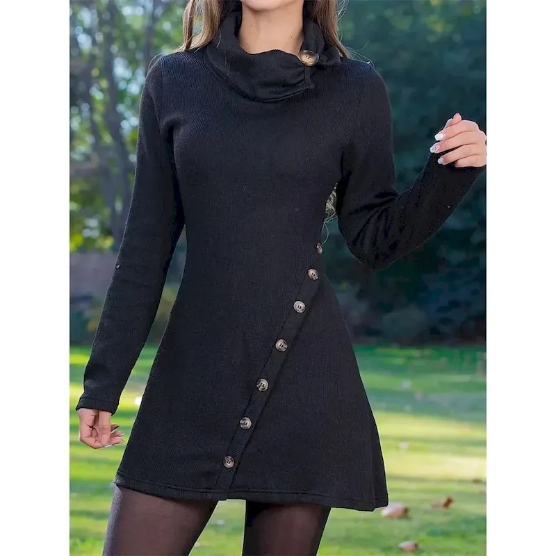 waofct1696926213926.webp Women's Work Dress New Year's Eve Dress Casual Dress A Line Dress Winter Dress Daily Mini Dress Button Lapel Long Sleeve Plain Slim Black Red Fall - Image 1